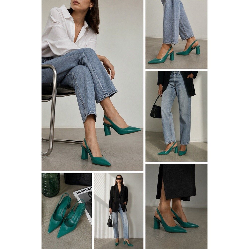 ZARA Green Slingback Pumps Pointed Toe Elastic Strap Block Heel Shoes EU 37 NWOB